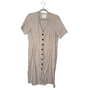 Part Two Copenhagen Linen Button‎ Front Midi Dress Size 40 Beige Short Sleeve